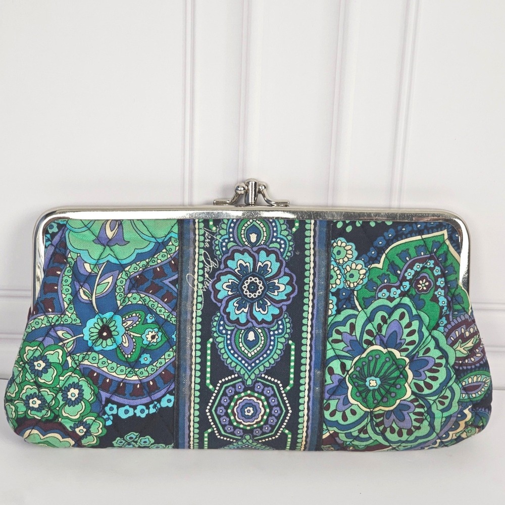 Vera Bradley Blue Rhapsody Double Kiss Lock Clutch Wallet Quilted Retired Green